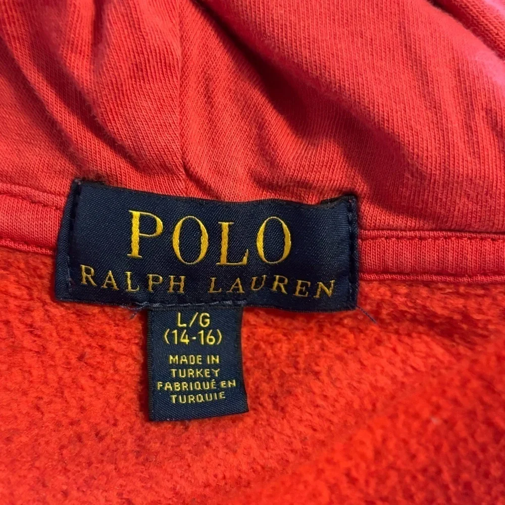 Polo Ralph Lauren size Large 14/16 Poppy colored with rainbow emblem hoodie
